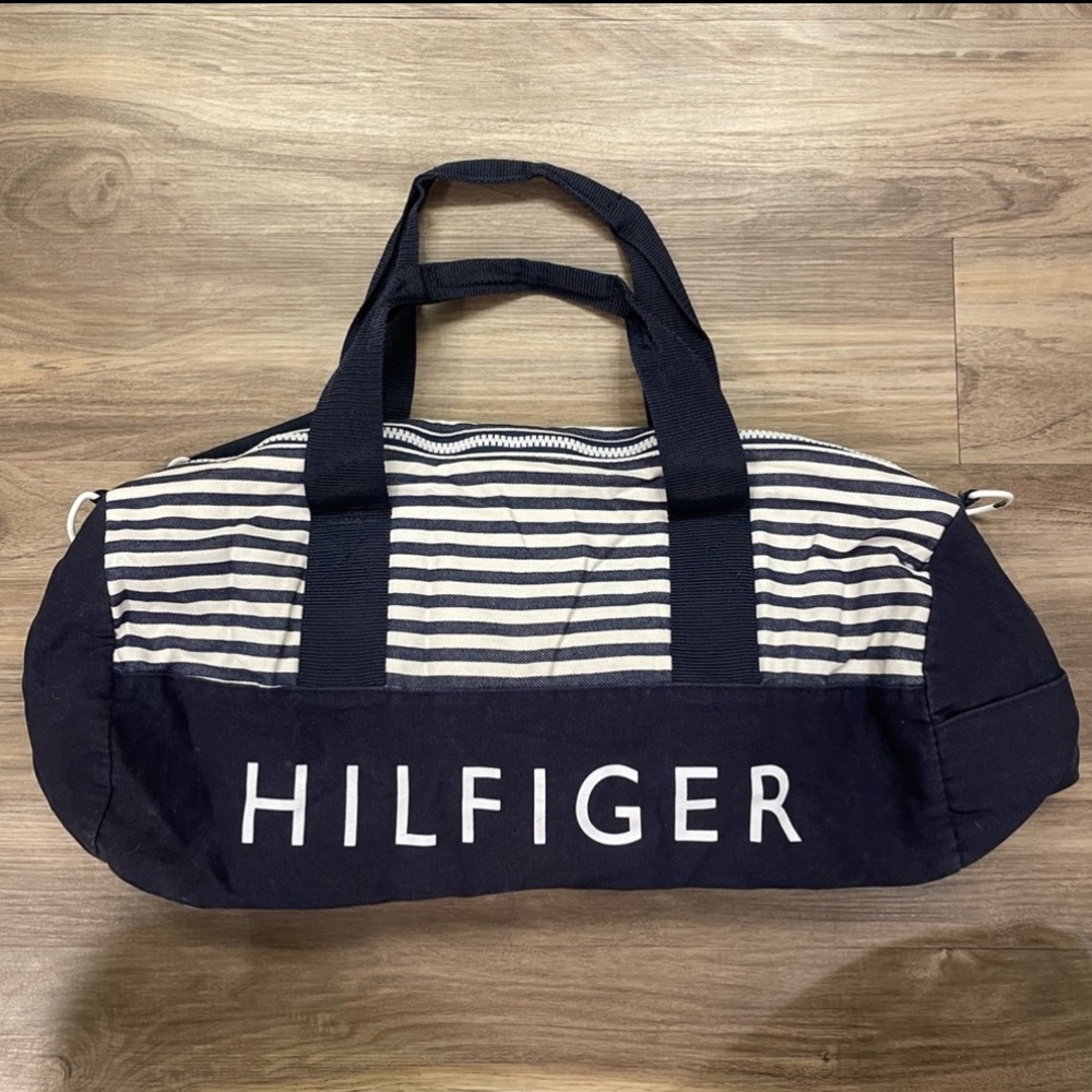 Tommy Hilfiger Navy Blue and White Striped Duffle Bag